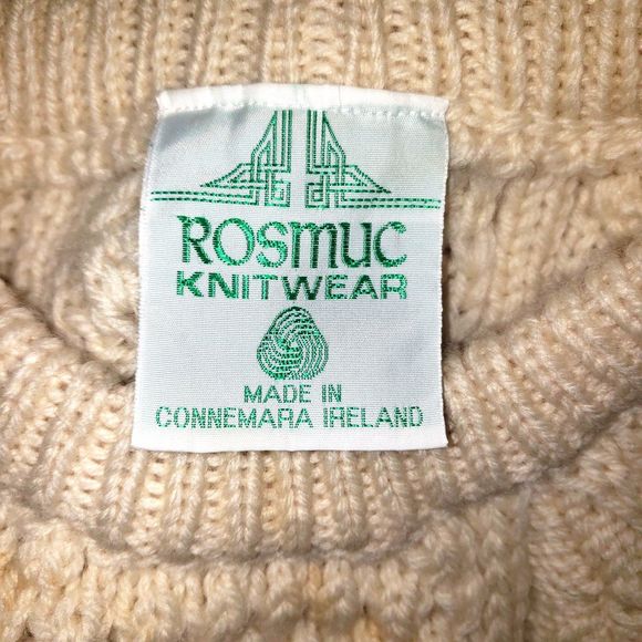 ROSMUC KNITWEAR White Wool Cable Knit Fishmans Sweater Made In Ireland - Picture 3 of 8